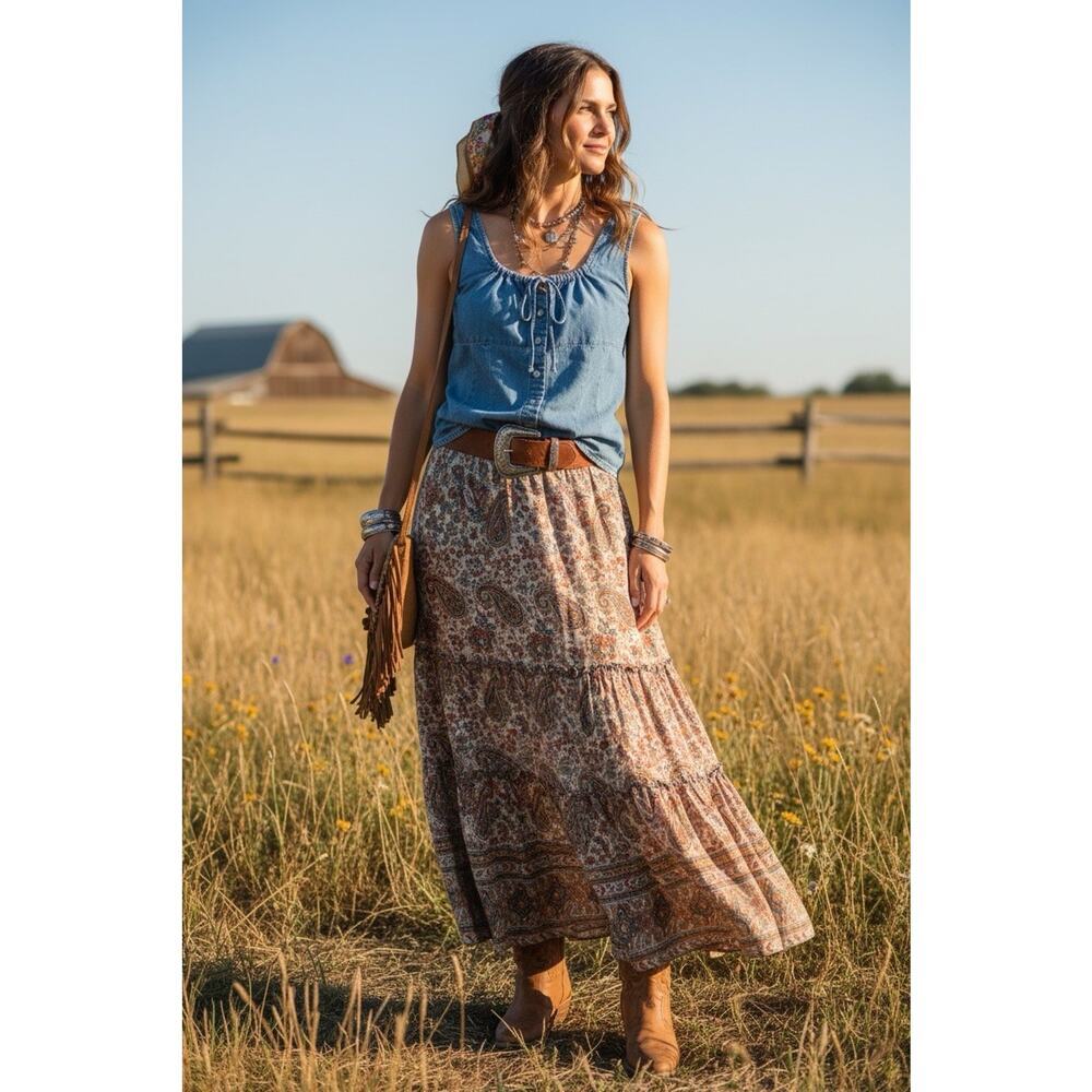 Faded Glory Chambray Denim Snap‎ Button Up Tie Front Detail Boho Western Tank M